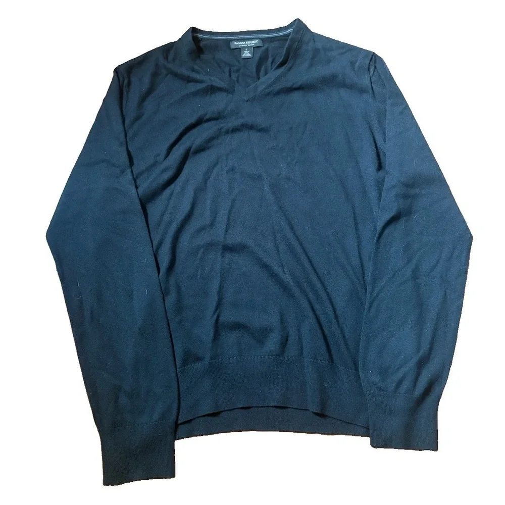 Banana Republic Mens Sweater Large Black Luxury Blend Cashmere/Silk V-Neck